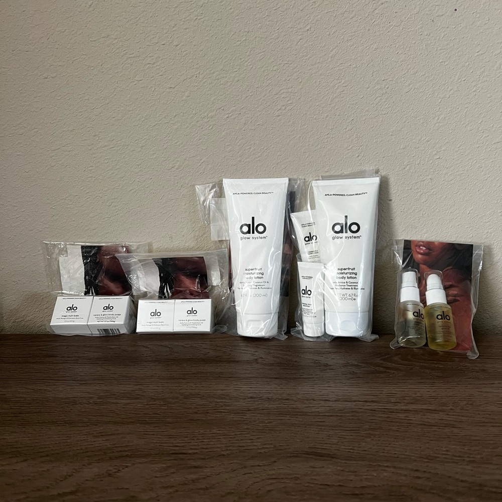 Alo glow system moisturizing body lotion, glow oil, magic multi balm body polish